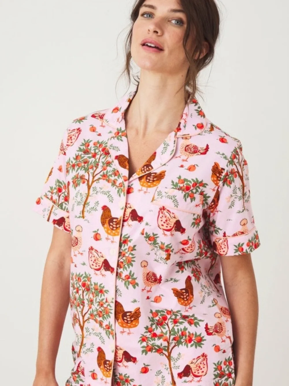 Print Fresh Hen House Organic Cotton Pajama Set Short Sleeve & Pants Pink Size S - Picture 3 of 16